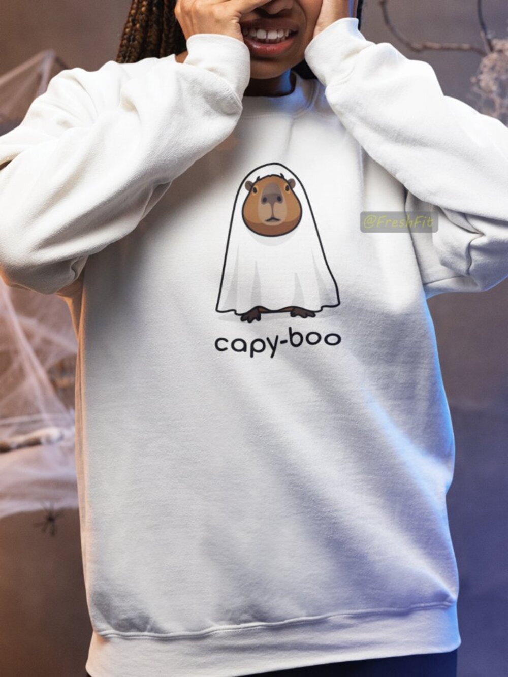 🆕Capy-Boo Capybara Ghost Fleece Crew Sweatshirt White